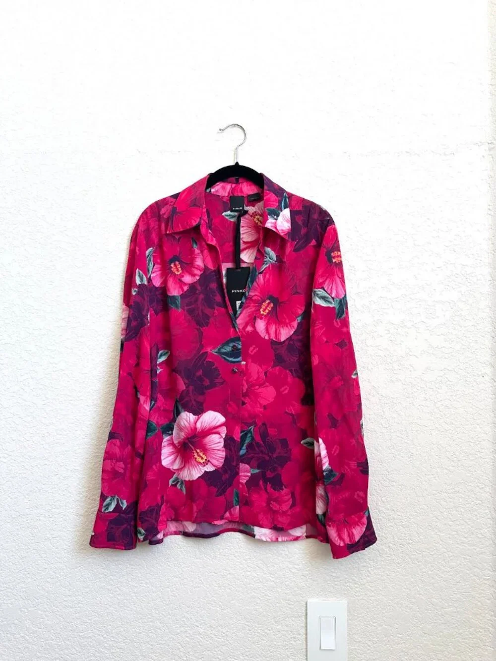 PINKO Happy Hibiscus Floral Shirt Fuchsia Crepe de Chine